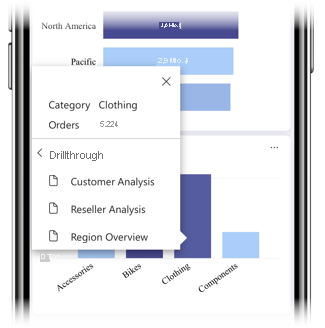 Screenshot of drill-through options in the mobile app.