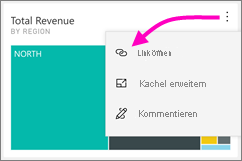 Screenshot eines Dashboards, auf dem ein Pfeil von den vertikalen Auslassungspunkten zum Symbol „Link öffnen“ angezeigt wird