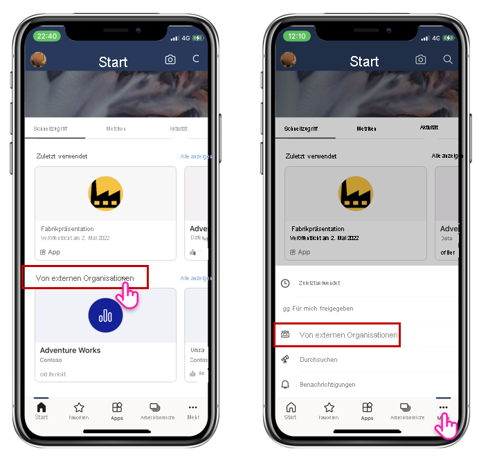 Screenshot: Option „Von externen Organisationen“ auf der Startseite der mobilen Power BI-App.