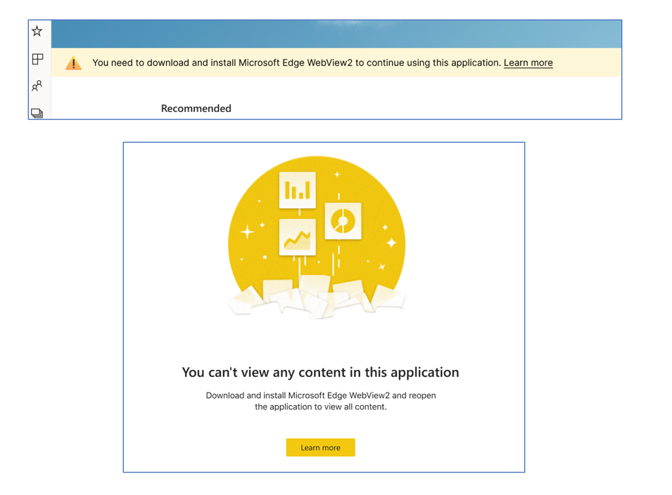 Screenshot of install WebView2 message in the Power BI app for Windows.