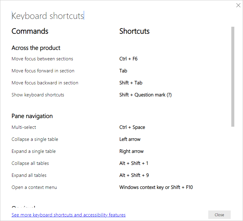 Screenshot der Tastenkombinationen in Power BI Desktop