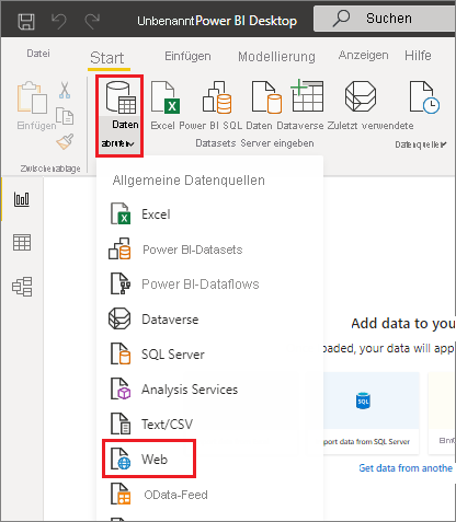 Screenshot: Power BI Desktop mit hervorgehobener Webauswahl im Dropdownmenü „Daten abrufen“