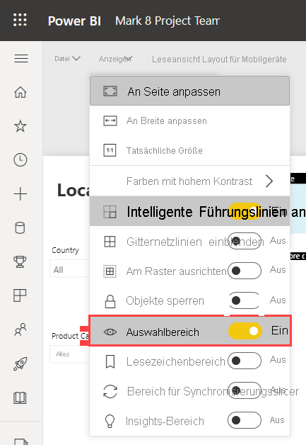 Screenshot: Auswahlbereich im Power BI-Dienst aktivieren.