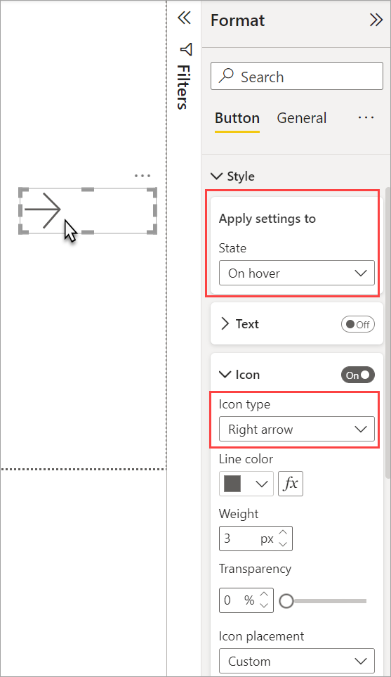 Screenshot, der den Hover-Status einer Schaltfläche in einem Power BI-Bericht zeigt.