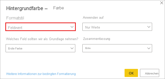 Dialogfeld für den Formatstil für die Hintergrundfarbe der Farbspalte: Formatstil des Dropdown-Menüs ist auf den Feldwert festgelegt