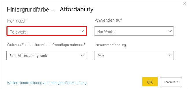 Dialogfeld für den Formatstil für die Hintergrundfarbe der Spalte „Affordability“: Formatstil des Dropdown-Menüs ist auf den Feldwert festgelegt.