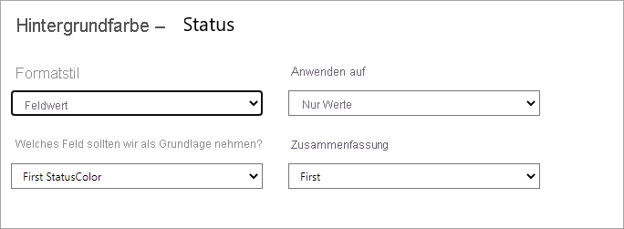 Dialogfeld für die Hintergrundfarbe des Statusfelds: Der Formatstil des Dropdown-Menüs ist auf den Feldwert festgelegt.