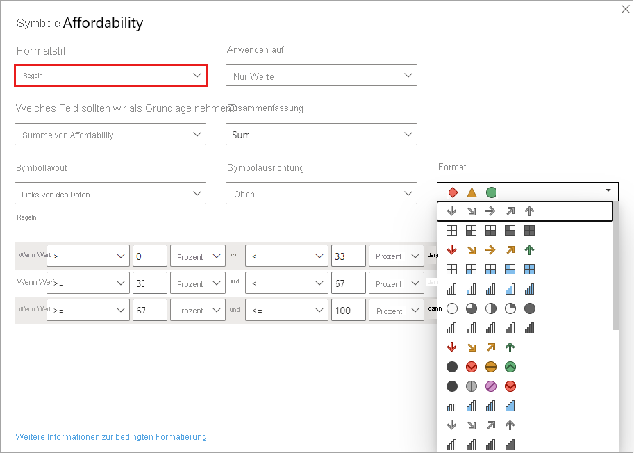 Dialogfeld “Symbole”: Der Formatstil ist auf „Regeln“ festgelegt. Verfügbare Symbole werden im Dropdown-Menü „Stil“ angezeigt.