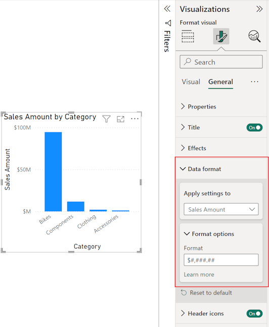 Screenshot: Bereich „Format“ eines Visuals mit den Einstellungen für „Datenformat“ im Abschnitt „Allgemein“