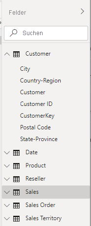 Screenshot des Auswählens der Sales-Tabelle in der Liste „Felder“.