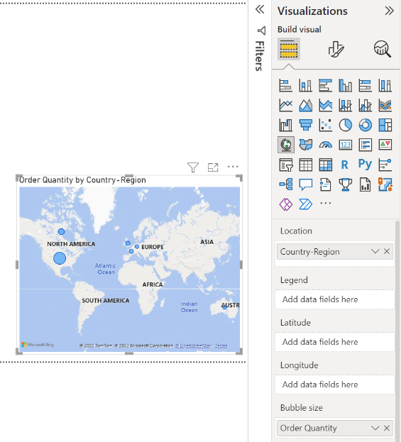 Screenshot der Karte für „Order Quantity“ (Bestellmenge) nach „Country/Region“ (Land/Region).