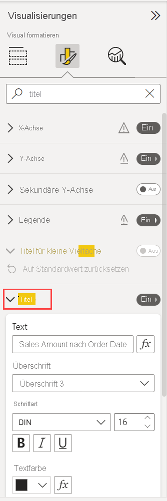 Screenshot des Abschnitts „Titel“ im Bereich „Format“.