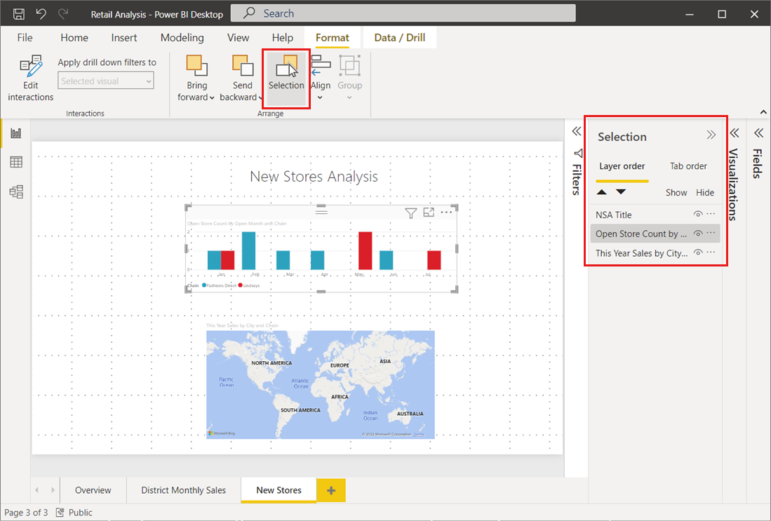 Screenshot: Power BI Desktop-Canvas mit dem Auswahlbereich, über den die Reihenfolge der visuellen Elemente vom Vordergrund zum Hintergrund festgelegt wird.