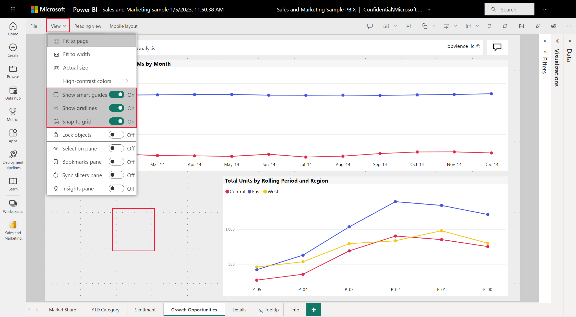 Screenshot: Bericht-Canvas, der das Aktivieren von Gitternetzlinien und der Ausrichtung am Raster in Power BI Desktop-Berichten zeigt.