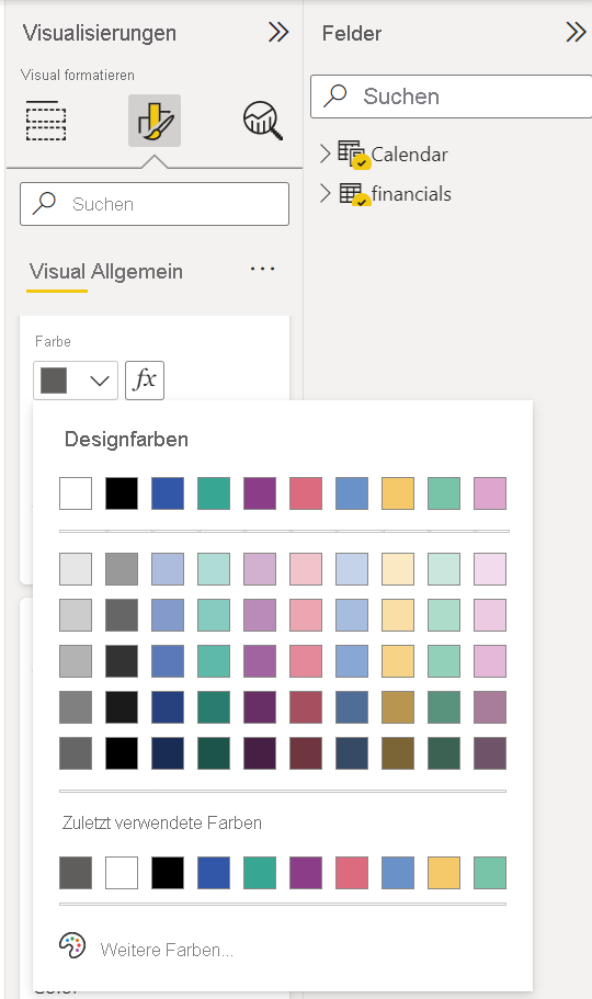 Screenshot der Farbpalette „Design“ mit Standardauswahl