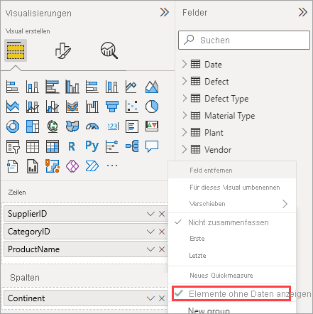 Screenshot: das Feldermenü mit hervorgehobener Option „Elemente ohne Daten anzeigen“ aus dem Kontextmenü von „SupplierID“.