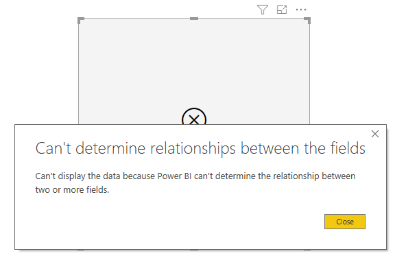 Screenshot: Fehlerdialogfeld, das besagt, dass Beziehungen zwischen den Feldern nicht bestimmt werden können