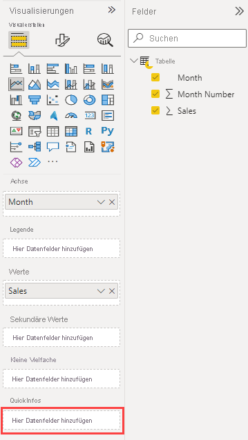 Screenshot der Bereiche „Visualisierungen“ und „Felder“ im Power BI-Dienst. Im Abschnitt „Felder“ des Bereichs „Visualisierungen“ ist der Felderbucket „QuickInfos“ hervorgehoben.