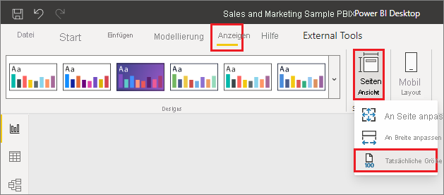 Screenshot des Seitenansichts-Dropdowns zum Anzeigen der tatsächlichen Größe zur einfacheren Erstellung von QuickInfos.