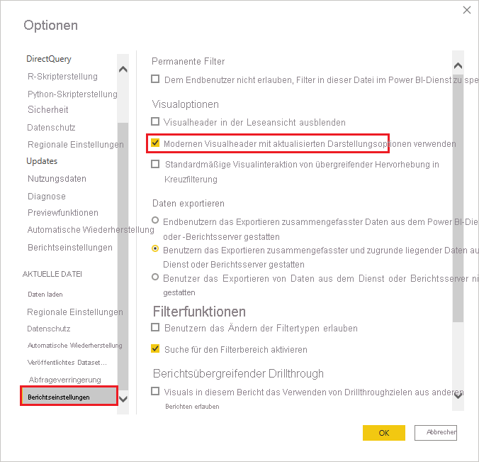 Screenshot des Menüs „Optionen“ mit hervorgehobenen Berichtseinstellungen und dem Kontrollkästchen „Modernen Visualheader mit aktualisierten Darstellungsoptionen verwenden“