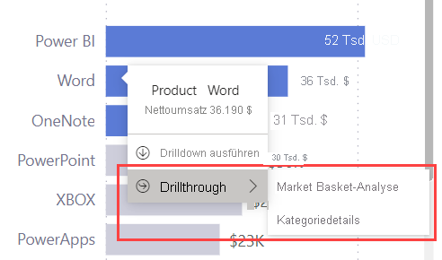 Screenshot: Eine QuickInfo, bei der Drillthroughoptionen hervorgehoben sind