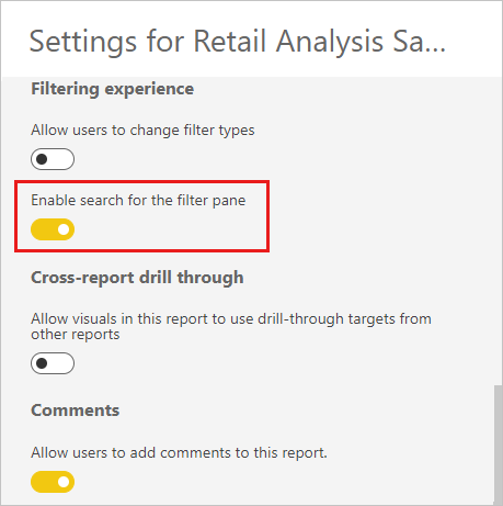 Screenshot: Option „Enable search for Filters pane“ (Suche für den Filterbereich aktivieren) im Power BI-Dienst.