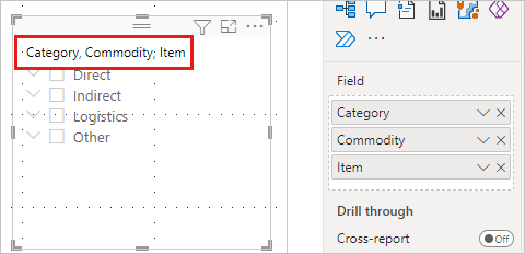 Screenshot: Hierarchiedatenschnitt mit den Feldern „Category“, „Commodity“ und „Item“ in Power B I Desktop.