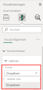 Screenshot: Bereich „Format“, Slicer „Dropdown“ oder „Vertikale Liste“.