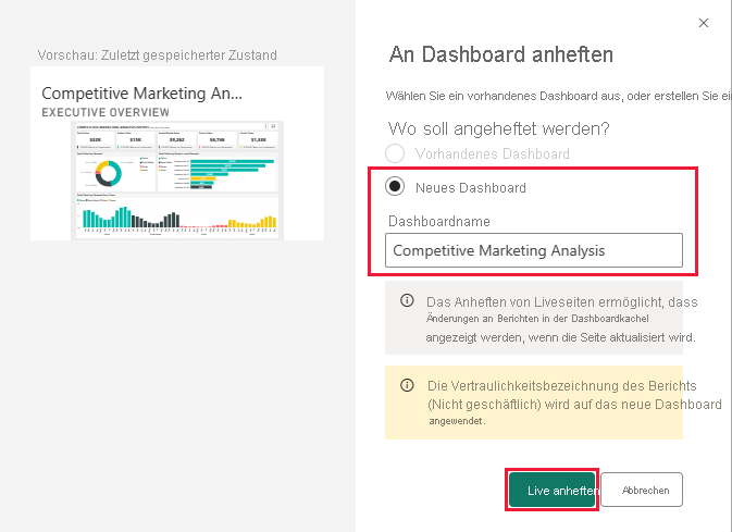 Screenshot shows the Pin to dashboard dialog box for adding to a new dashboard.