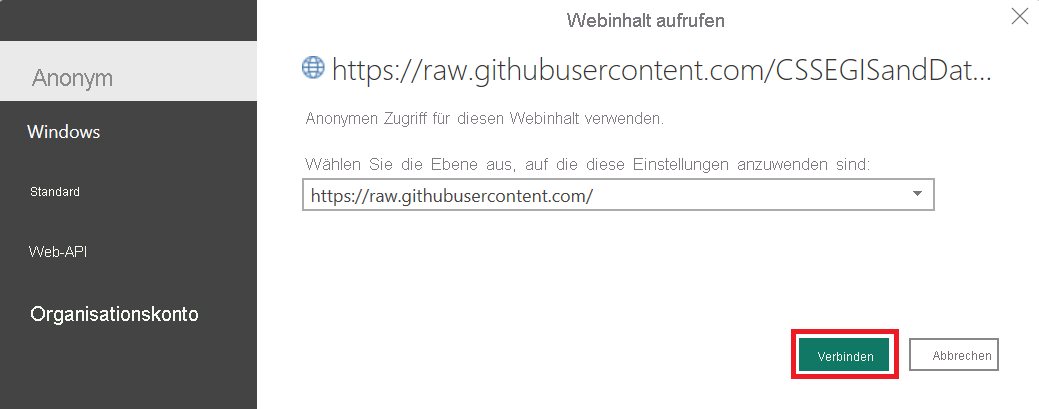 Screenshot: Auswählen von „Anonym“.