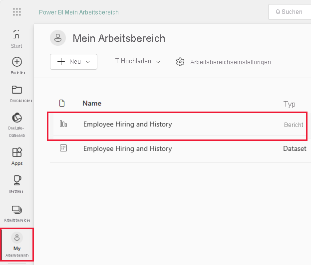 Screenshot shows My workspace with the Employee Hiring and History report highlighted.