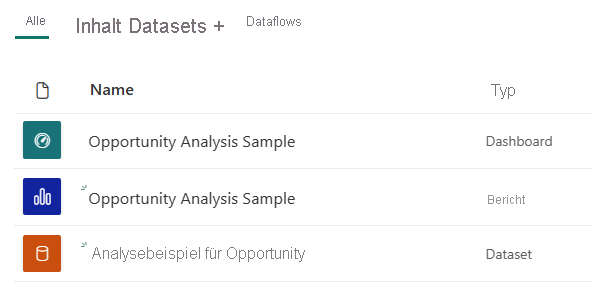 Screenshot that shows the Opportunity Analysis sample entries in the workspace.