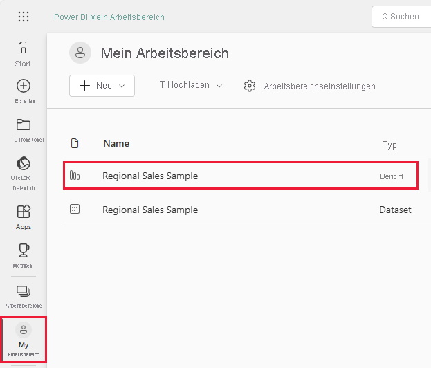 Screenshot shows My workspace with the Regional Sales report highlighted.