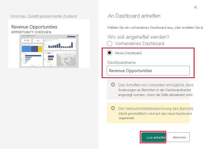 Screenshot shows the Pin to dashboard dialog box for adding to a new dashboard.