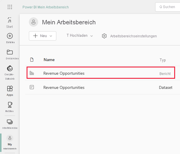 Screenshot shows the Revenue Opportunities sample report and semantic model links.