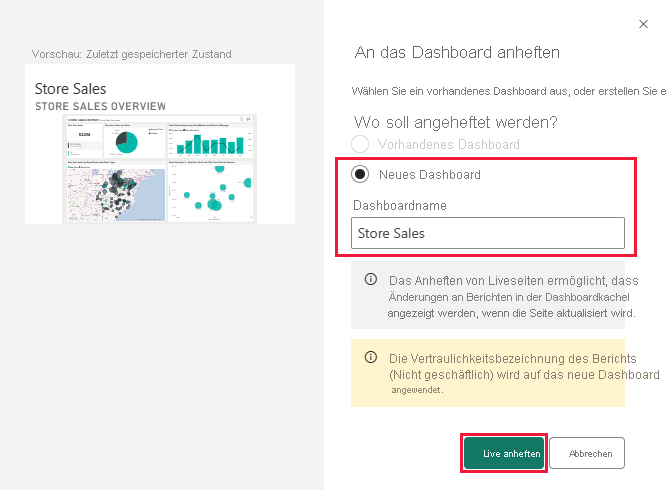 Screenshot shows the Pin to dashboard dialog box for adding to a new dashboard.