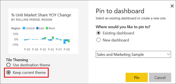 Screenshot des Fensters „An Dashboard anheften” mit hervorgehobener Option „Aktuelles Design beibehalten”.