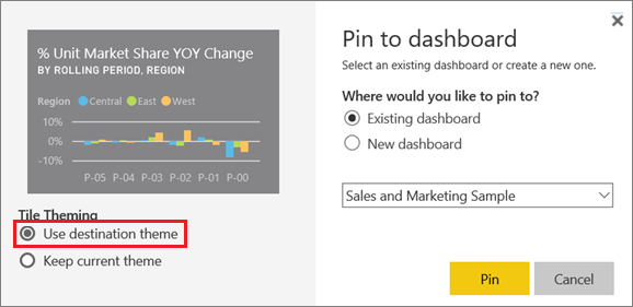 Screenshot des Fensters „An Dashboard anheften” mit hervorgehobener Option „Zieldesign verwenden”.