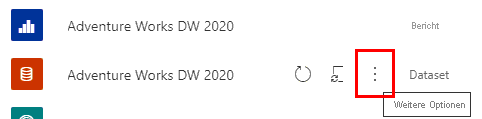 Screenshot: Die Inhaltsansicht des Power BI-Arbeitsbereichs, in dem die Schaltfläche „Weitere Optionen“ bei einem Semantikmodell hervorgehoben ist.
