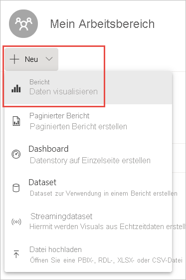 Screenshot: Mein Arbeitsbereich mit hervorgehobenem Dropdownmenü „Neu“ und der Option „Neuer Bericht“.