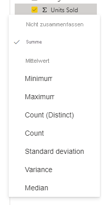 Screenshot: Menü für die Aggregation der Felder
