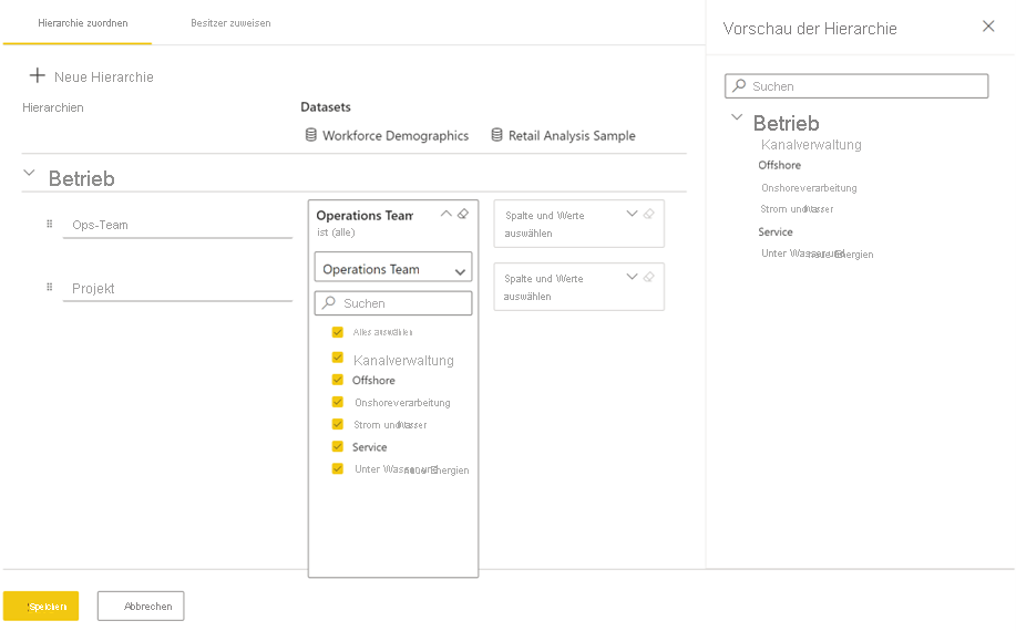 Screenshot der Benutzeroberfläche, die zeigt, wie Benutzer Hierarchieebenen verbundenen semantischen Modellen zuordnen können.