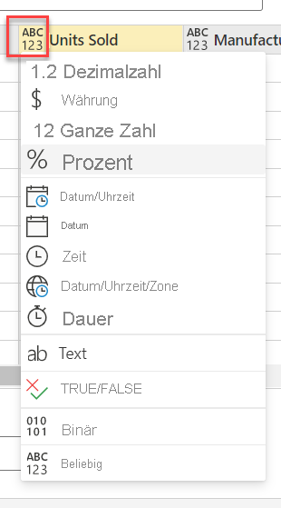 Screenshot: Datentypoptionen für eine Spalte.