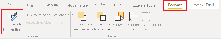 Screenshot des Power BI Desktop-Menüs „Format“ mit Hervorhebung von „Interaktionen bearbeiten“