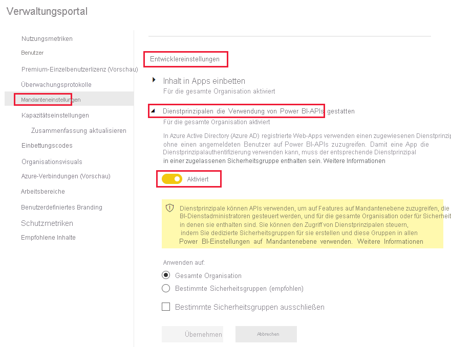 Screenshot der Aktivierung der Option „Entwicklereinstellungen“ in der Menüoption „Mandanteneinstellungen“ im Power BI-Dienst