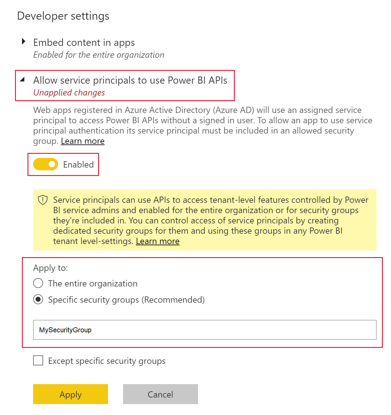 Screenshot: Abschnitt „Developer-Einstellungen“. Die Option zum Zulassen der Verwendung von Power BI-APIs für Dienstprinzipale ist für eine Sicherheitsgruppe aktiviert.