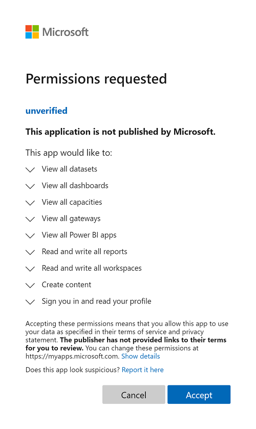 Screenshot: Microsoft-Fenster „Erforderliche Berechtigungen“, in dem Kunden zum Erteilen der Berechtigungen für den Zugriff auf Power BI aufgefordert werden.