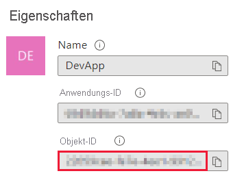 Screenshot des Azure-Portal-Fensters mit der Prinzipalobjekt-ID im Abschnitt „Eigenschaften“ auf dem Übersichtsblatt einer Microsoft Entra-Anwendung