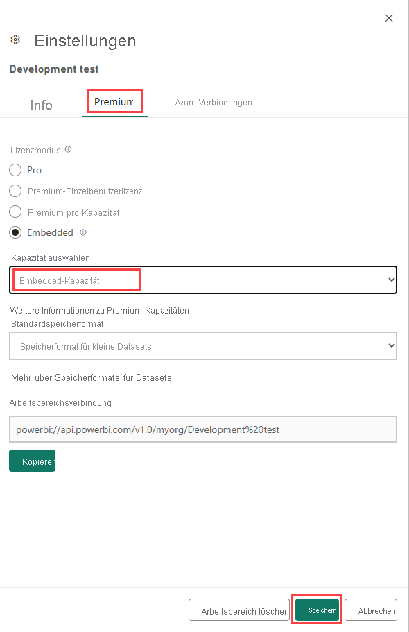 Screenshot der Premium-Einstellungen eines Arbeitsbereichs im Power BI-Dienst. Eine ausgewählte Kapazität und die Schaltfläche Speichern sind hervorgehoben.