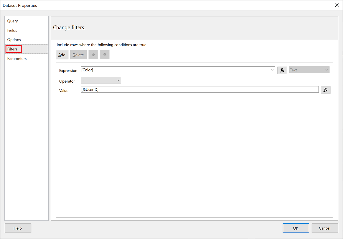 Screenshot des Power BI Report Builder-Filters.